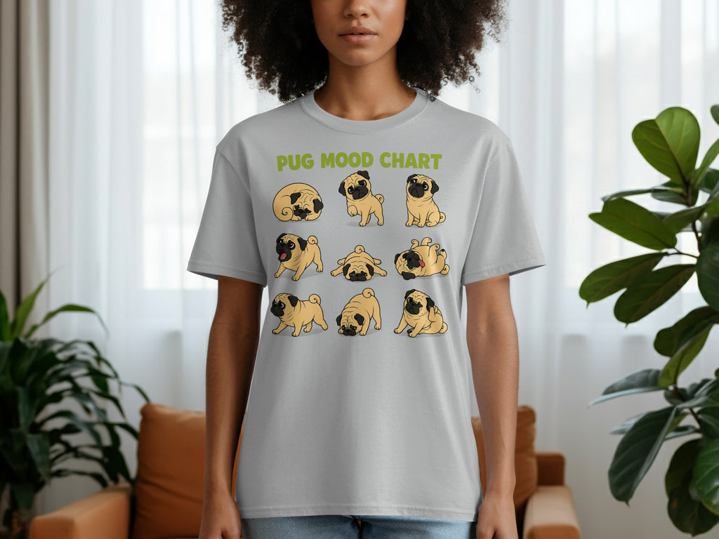 Gray t-shirt with "Pug Mood Chart" and nine cartoon pug illustrations.