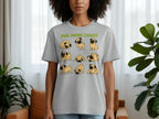 Gray t-shirt with "Pug Mood Chart" and nine cartoon pug illustrations.