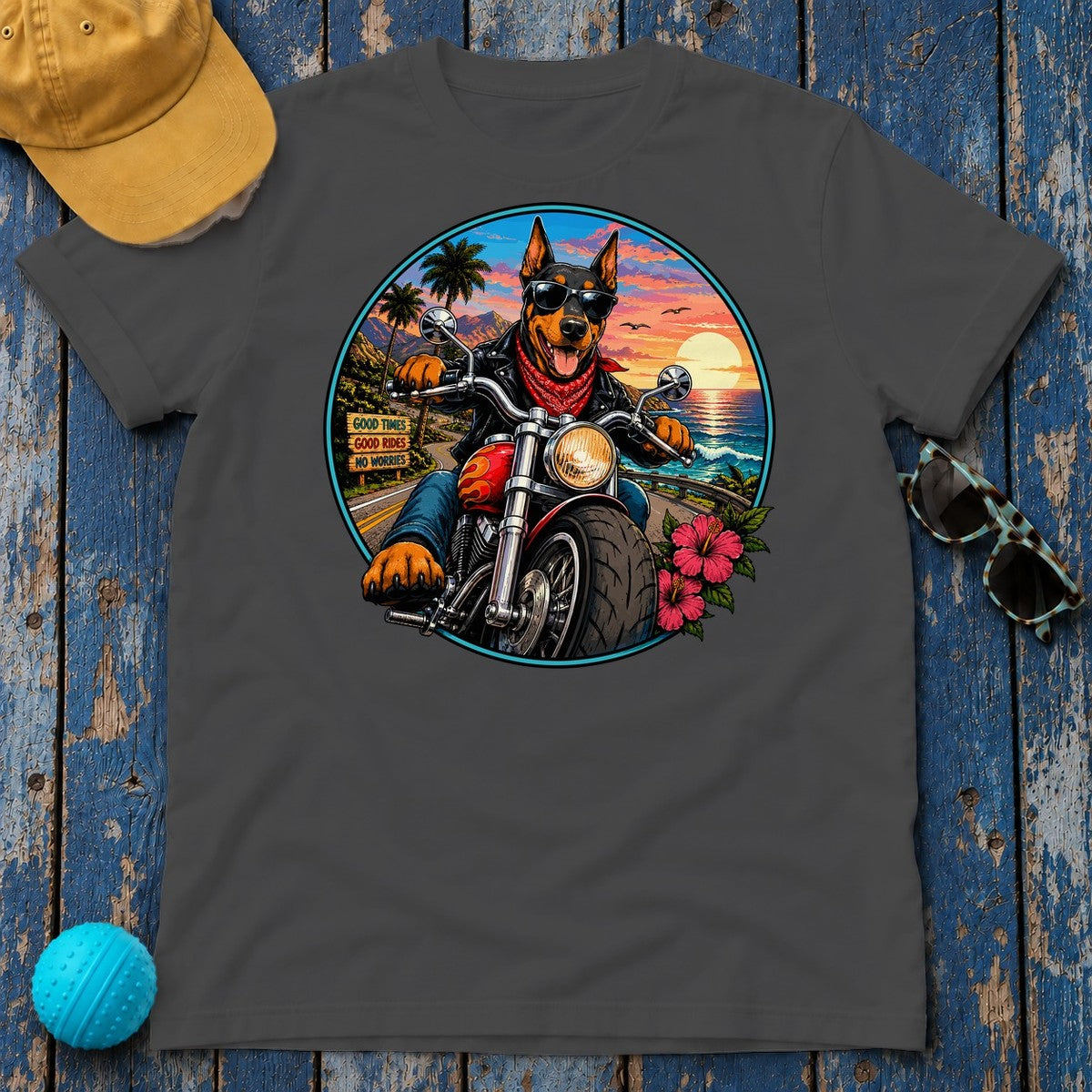 Good Times Doberman Rider T-shirt in Dark Heather