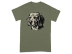 Beagle dog wearing glasses, sketch on olive green t-shirt.