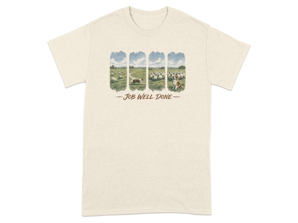 T-shirt with illustration of sheep and dogs in fields, text "Job Well Done".