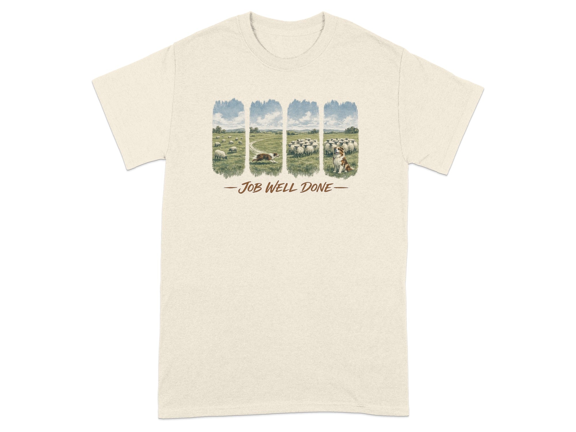 T-shirt with illustration of sheep and dogs in fields, text "Job Well Done".