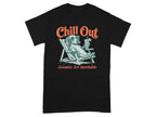 Black t-shirt with a dog in a lounge chair, wearing sunglasses, holding a drink. Text reads "Chill Out Zoomies Are Inevitable".