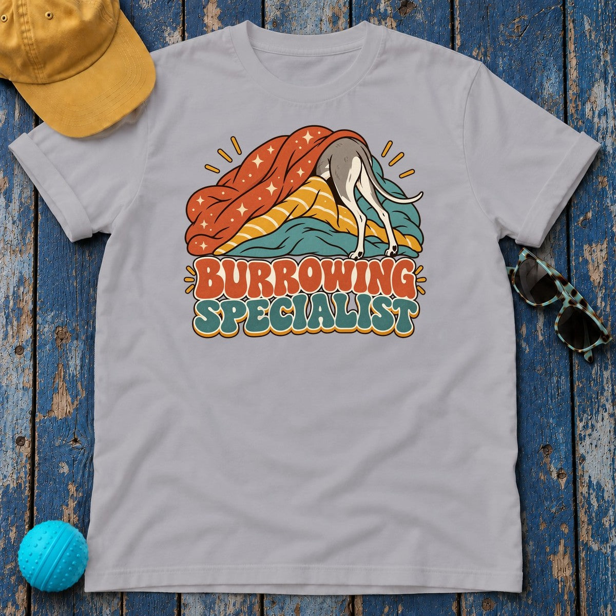 Burrowing Specialist Greyhound T-Shirt in Athletic Heather - flat lay