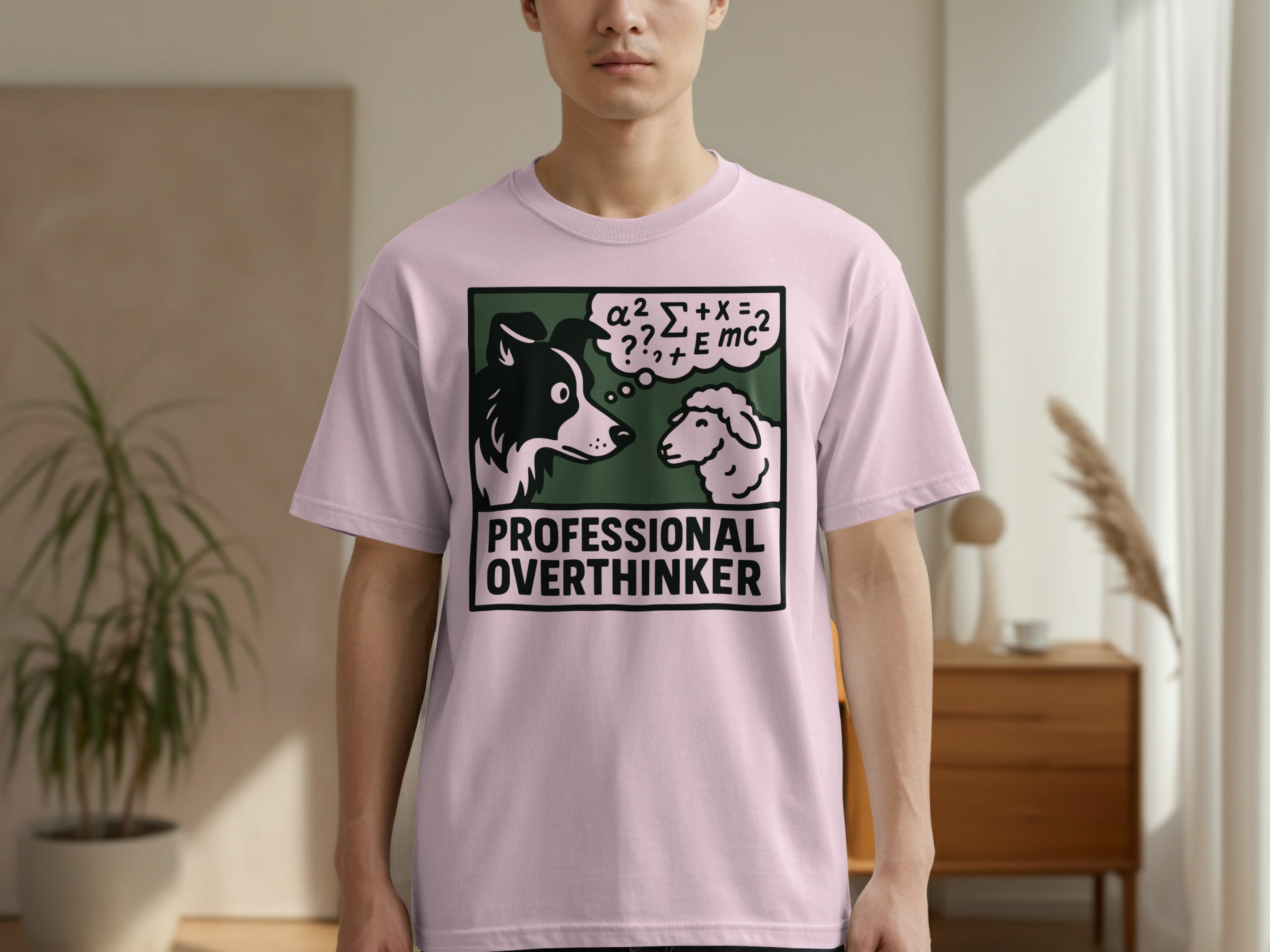 Dog and sheep in thought bubbles on a pink t-shirt with "PROFESSIONAL OVERTHINKER".