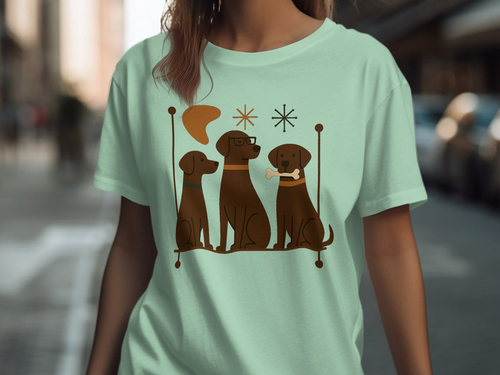 Three brown dogs with a bone and glasses sit on a perch.