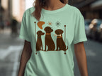 Three brown dogs with a bone and glasses sit on a perch.