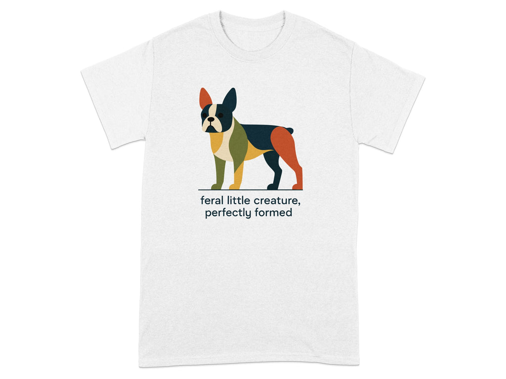 White t-shirt with colorful geometric Boston Terrier design and text.