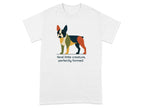White t-shirt with colorful geometric Boston Terrier design and text.