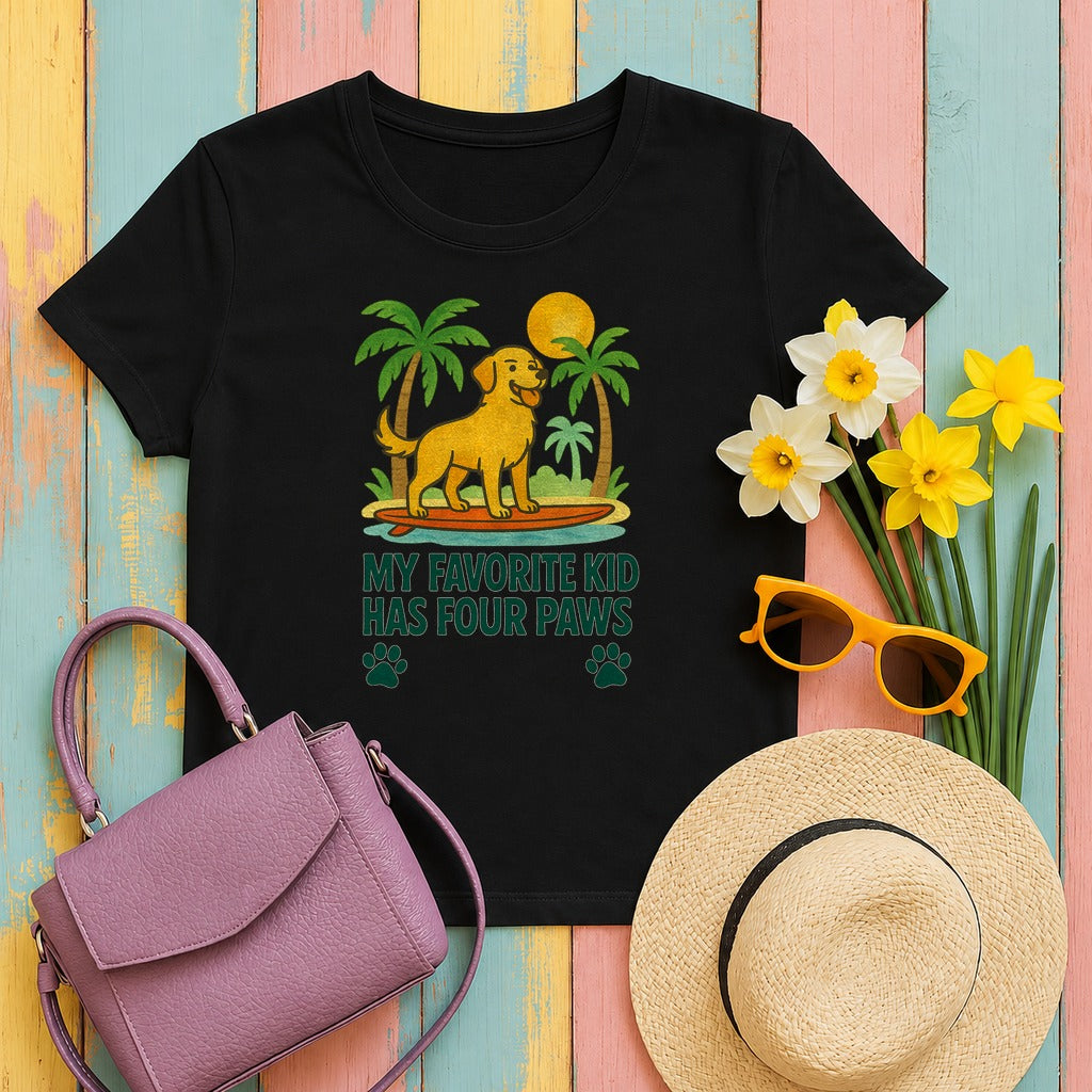 My Favorite Kid Has Four Paws Smiling Golden Retriever T-Shirt in Black