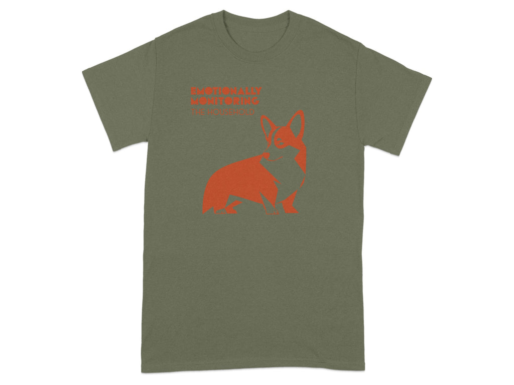 Olive green t-shirt with orange corgi silhouette and text.