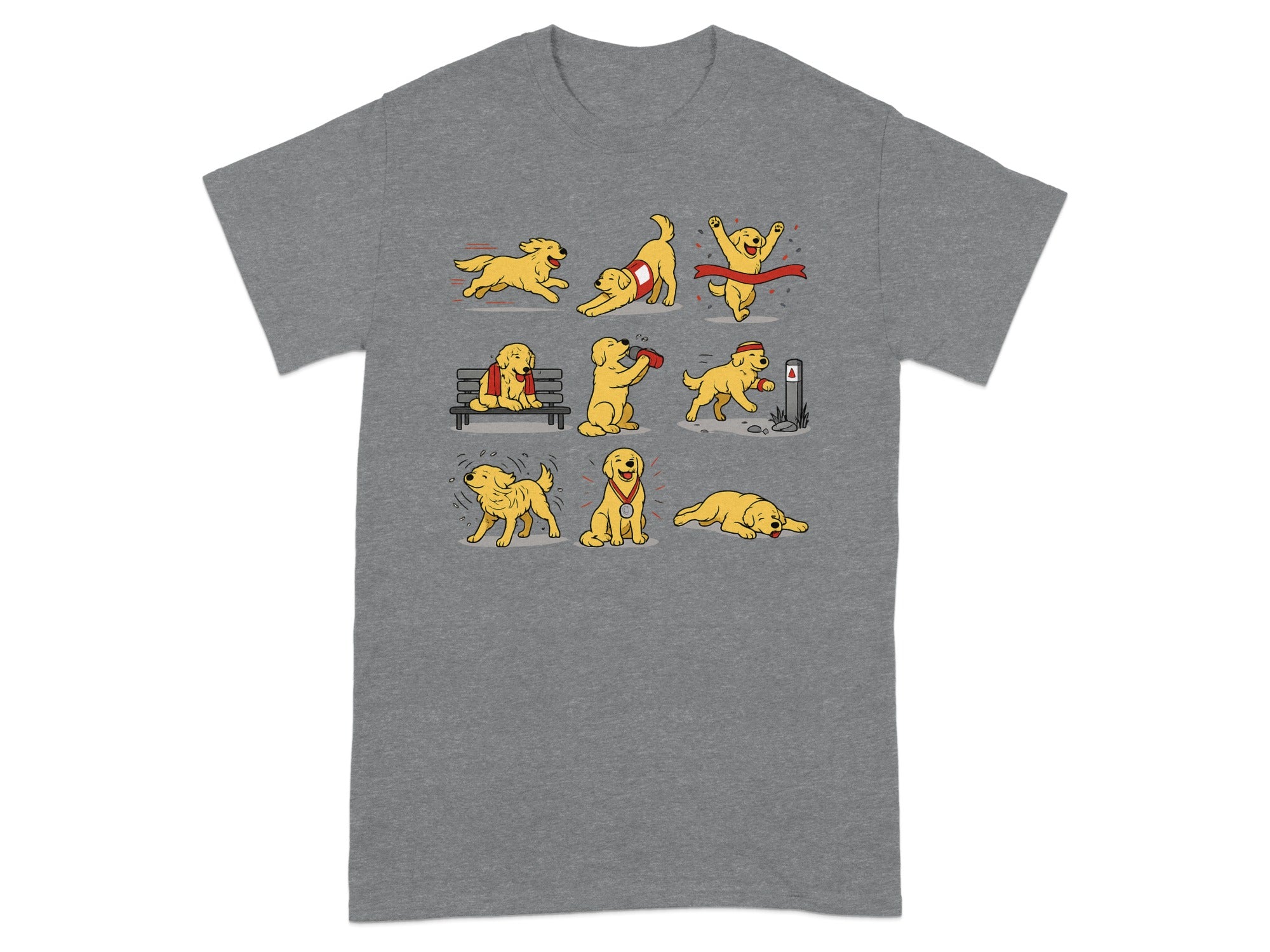 Golden retriever dog in various poses illustrating a day's activities from running to sleeping.