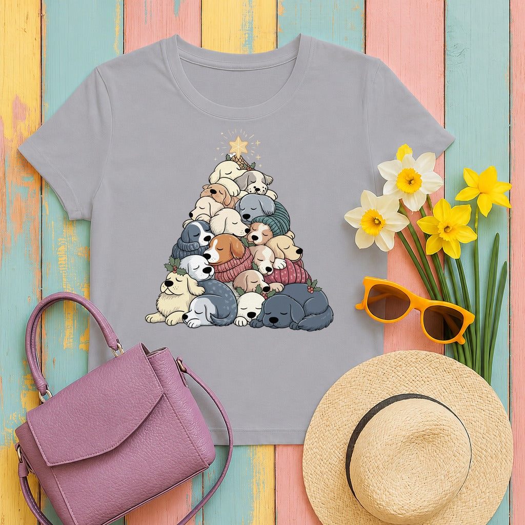Sleeping Dogs Stacked Christmas Tree Funny Holiday T-Shirt in Athletic Heather