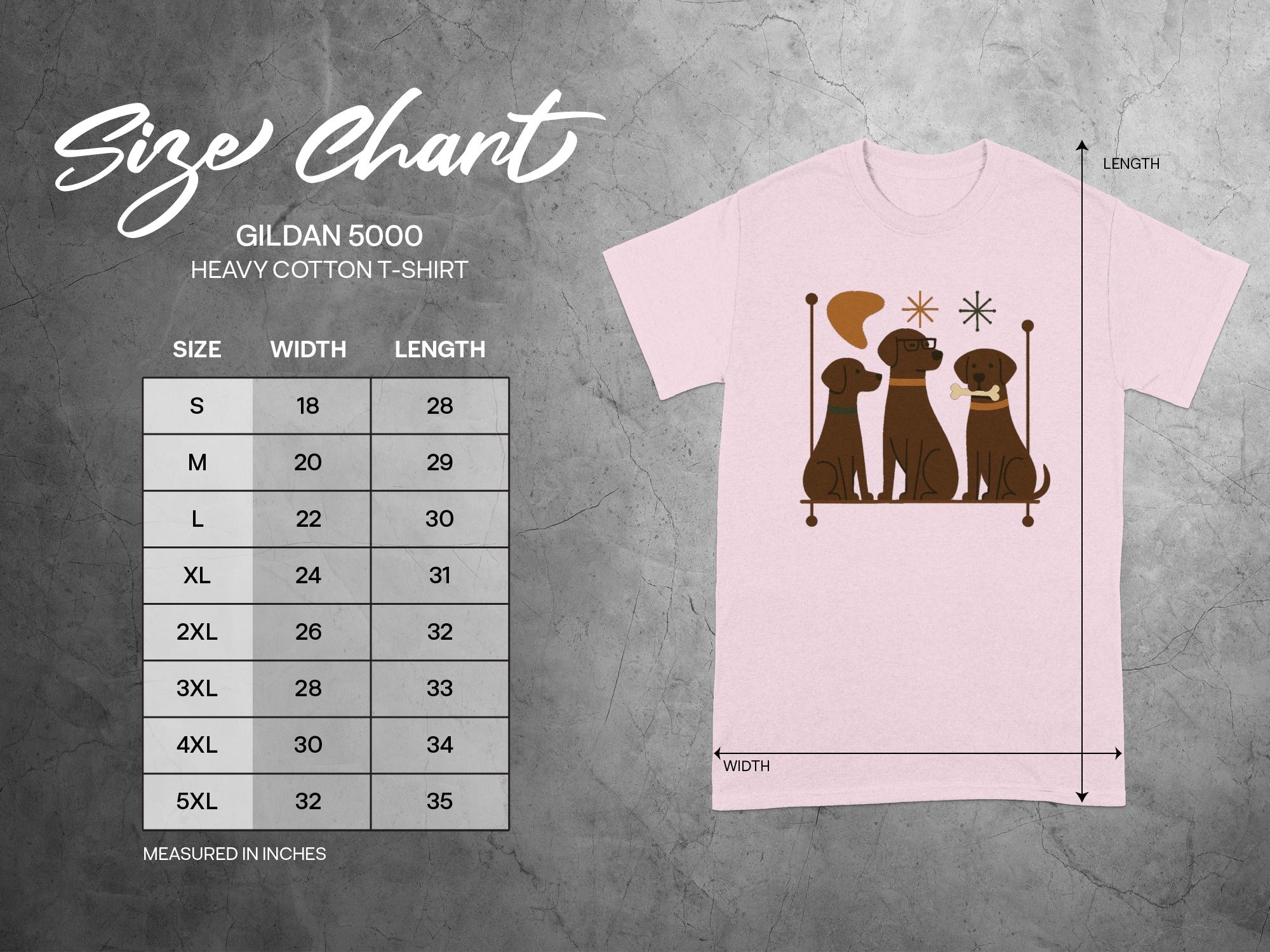 Size chart for Gildan 5000 heavy cotton t-shirt with measurements in inches.