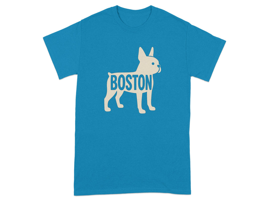 Turquoise t-shirt with the word "BOSTON" inside a cream-colored French bulldog graphic.