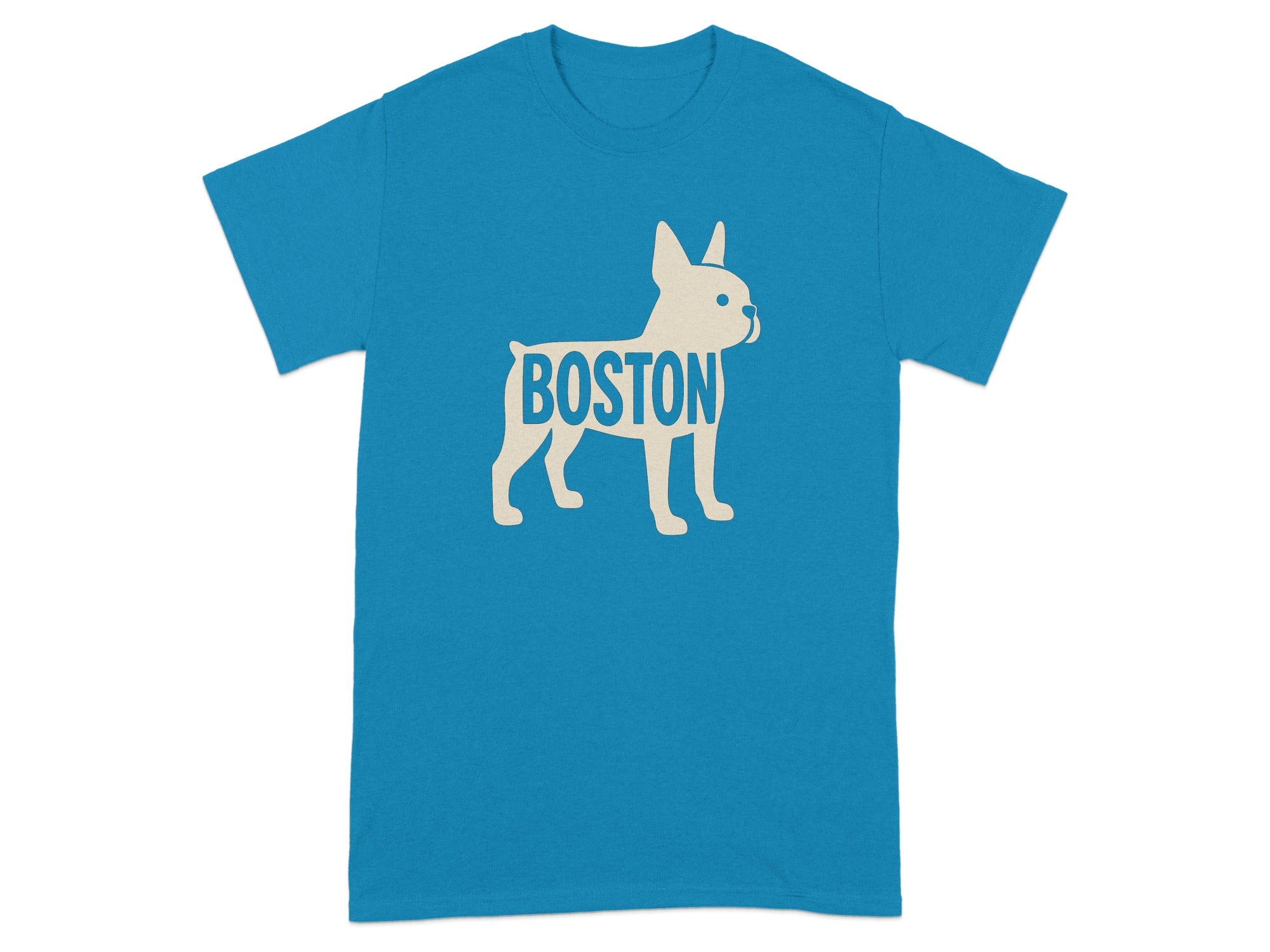 Turquoise t-shirt with the word "BOSTON" inside a cream-colored French bulldog graphic.