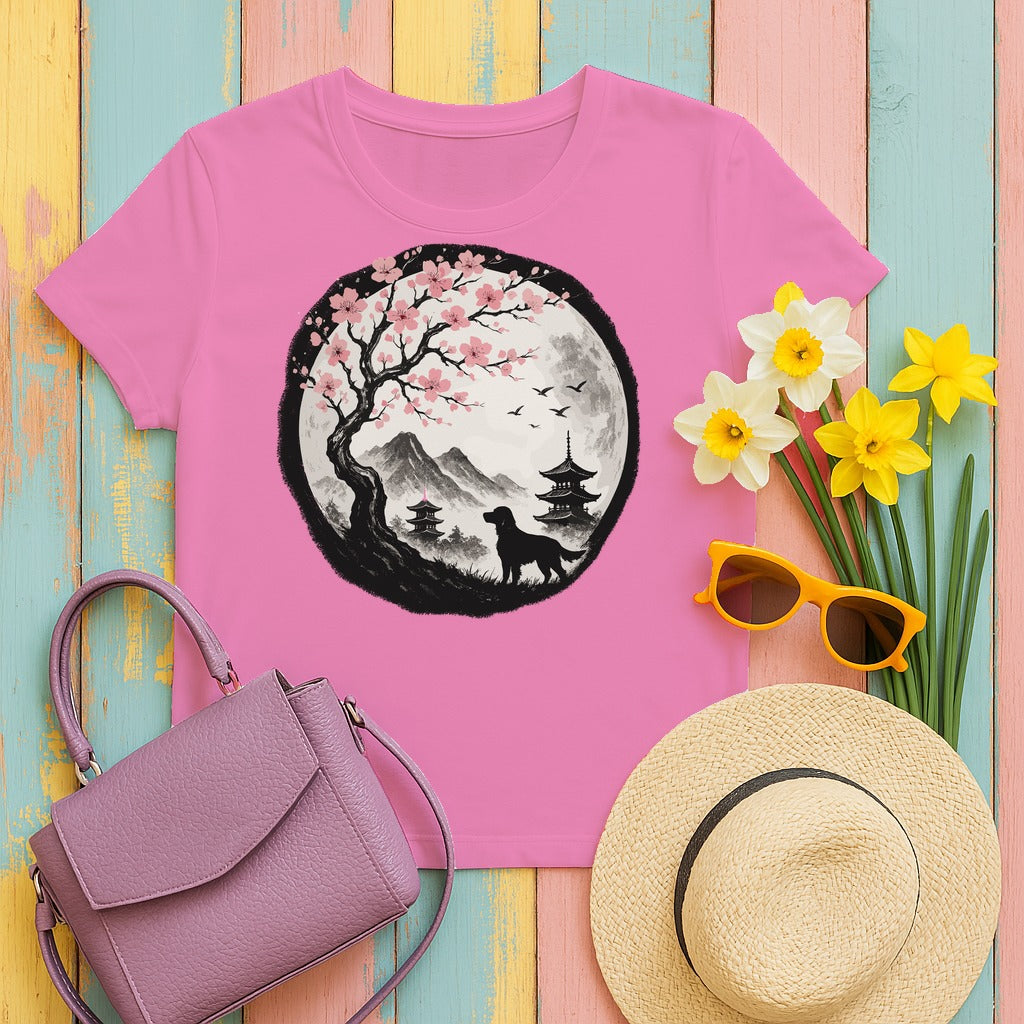 Gordon Setter Under Sakura Trees Landscape T-Shirt in Azalea