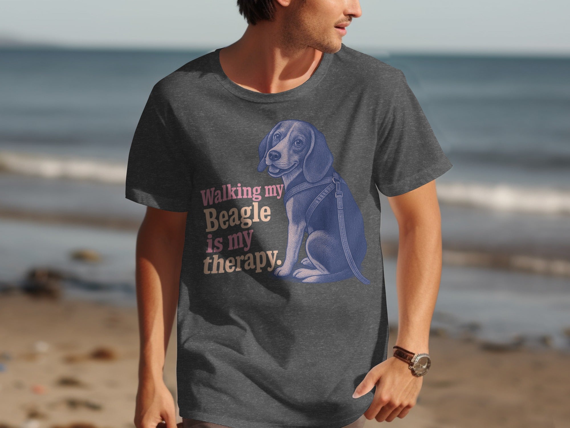 Dark grey t-shirt with a beagle illustration and "Walking my Beagle is my therapy" text.