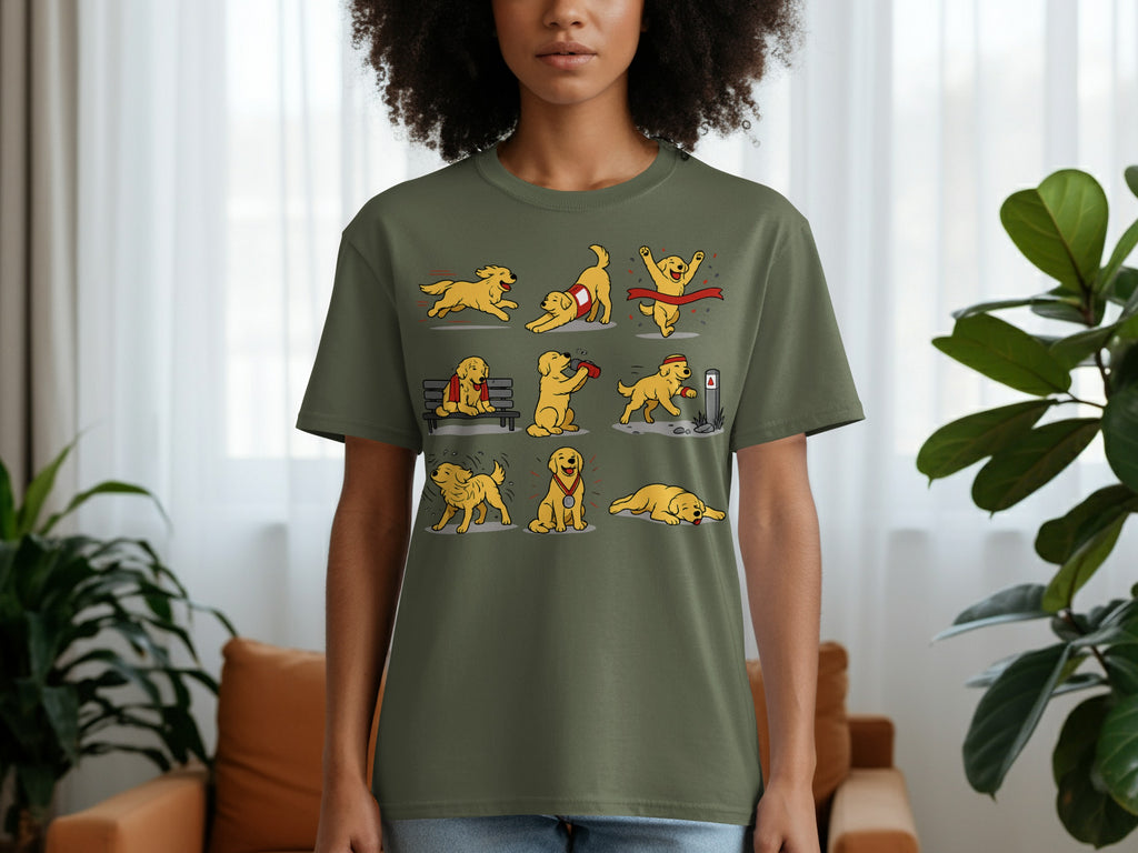 Green t-shirt with cartoon illustrations of a golden retriever in various actions.