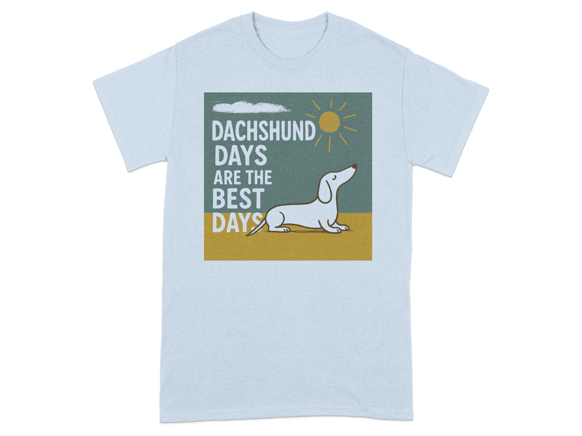 Light blue t-shirt with a square graphic of a dachshund and the text "Dachshund Days Are the Best Days".