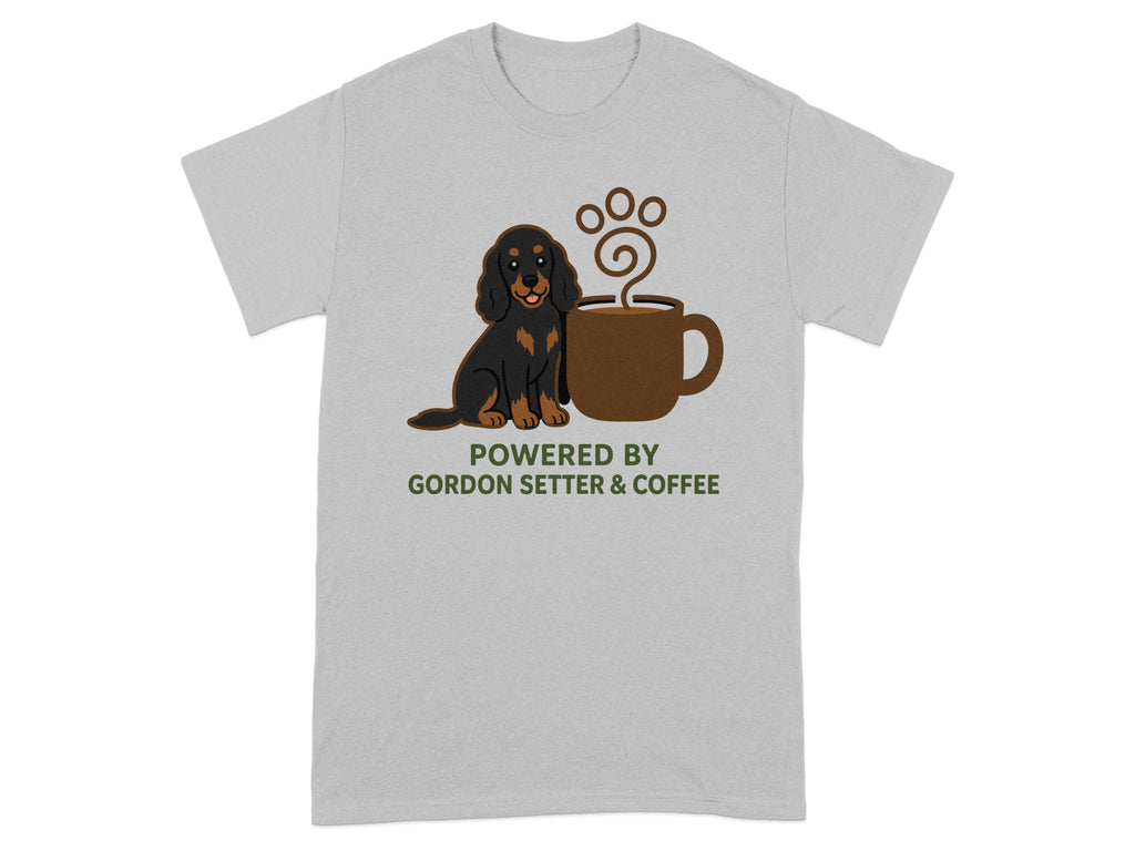 Gordon Setter sitting next to coffee cup with steam, text says "Powered by Gordon Setter & Coffee".