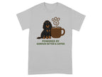 Gordon Setter sitting next to coffee cup with steam, text says "Powered by Gordon Setter & Coffee".