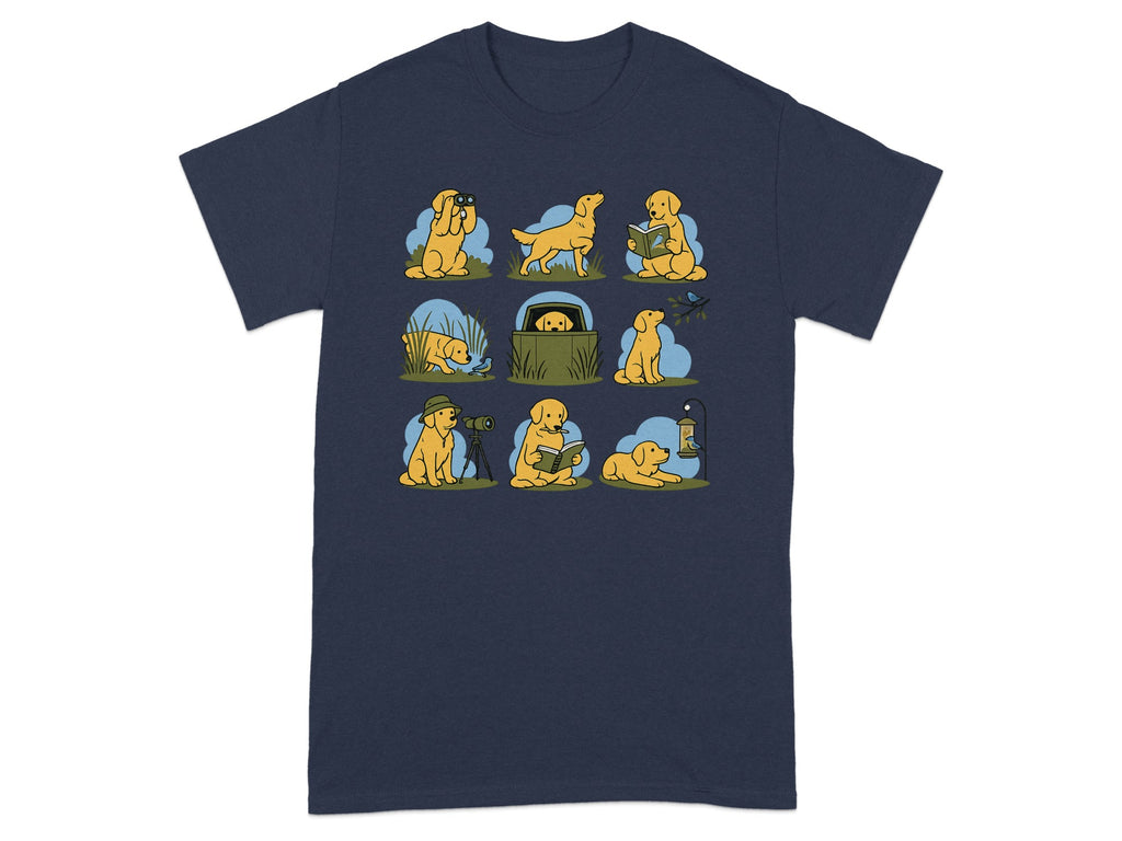 Nine cartoon golden retrievers engage in various outdoor activities on a dark blue t-shirt.