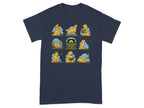 Nine cartoon golden retrievers engage in various outdoor activities on a dark blue t-shirt.
