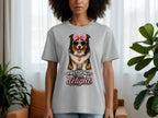 Gray t-shirt with a dog wearing sunglasses and a bow graphic that says "First of all, I'm a delight."
