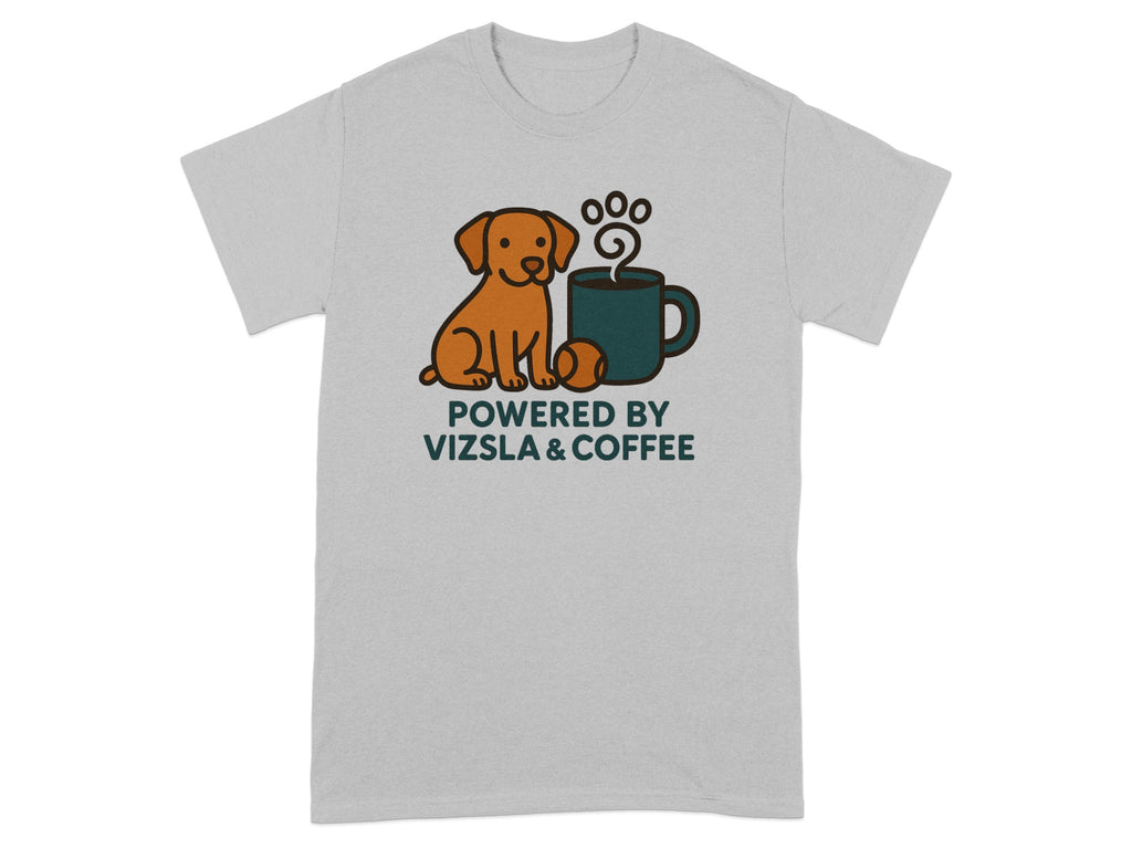 T-shirt with Vizsla dog, coffee cup, paw print, and text "POWERED BY VIZSLA & COFFEE".