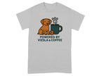 T-shirt with Vizsla dog, coffee cup, paw print, and text "POWERED BY VIZSLA & COFFEE".