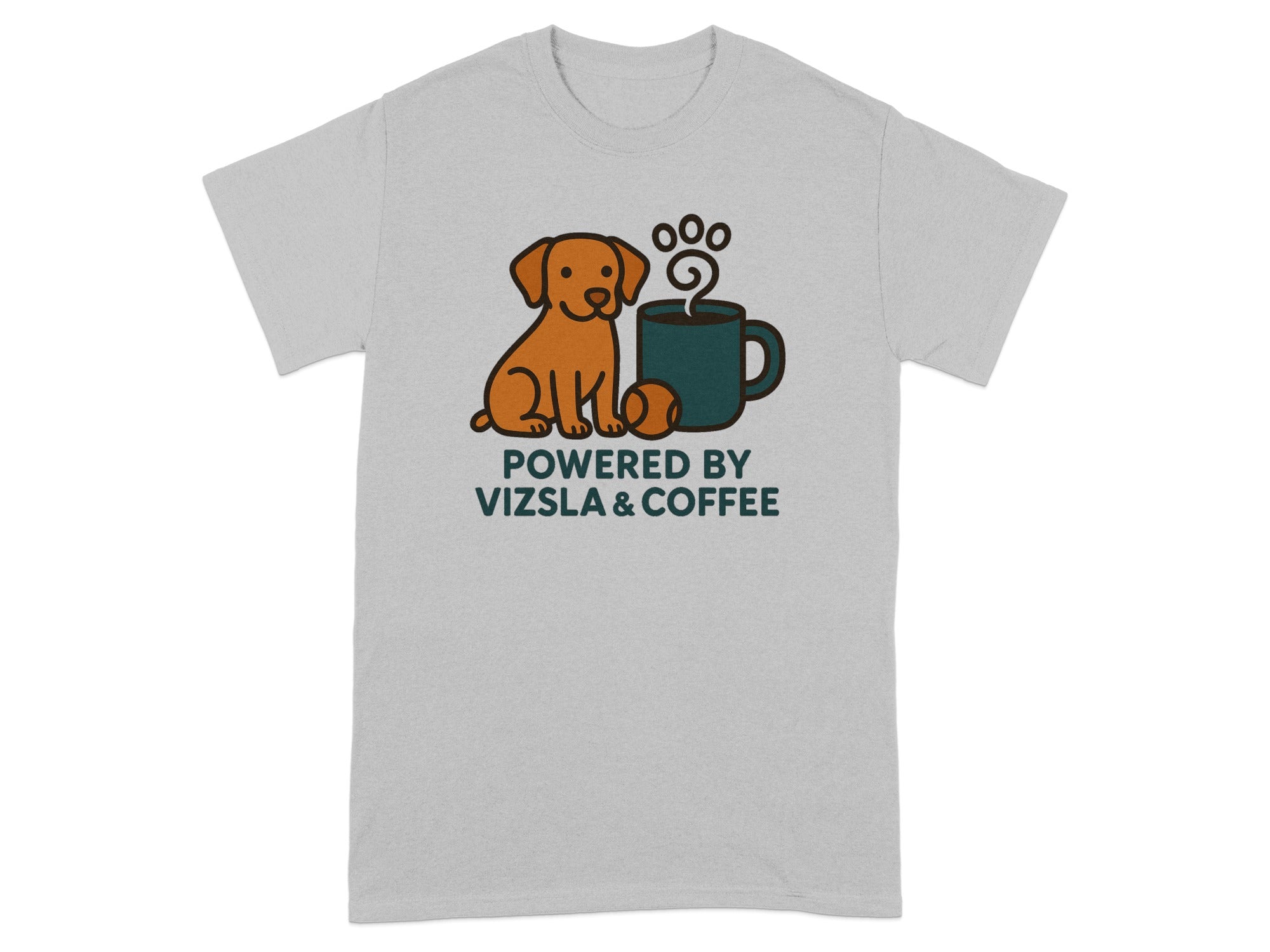 T-shirt with Vizsla dog, coffee cup, paw print, and text "POWERED BY VIZSLA & COFFEE".