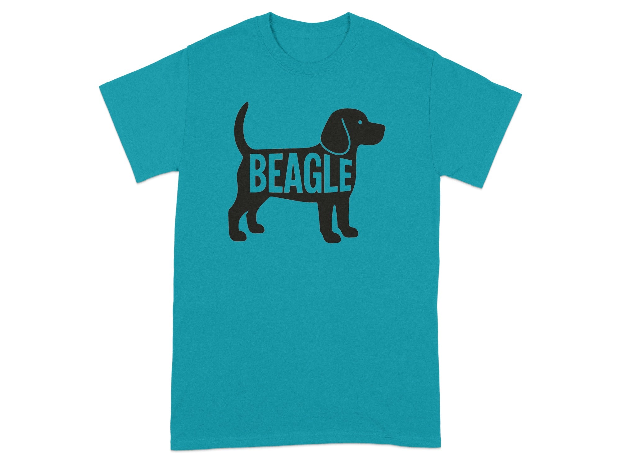 Teal t-shirt with black beagle silhouette filled with the word BEAGLE