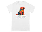 Abstract geometric dog on white t-shirt with text "feral little creature, perfectly formed".