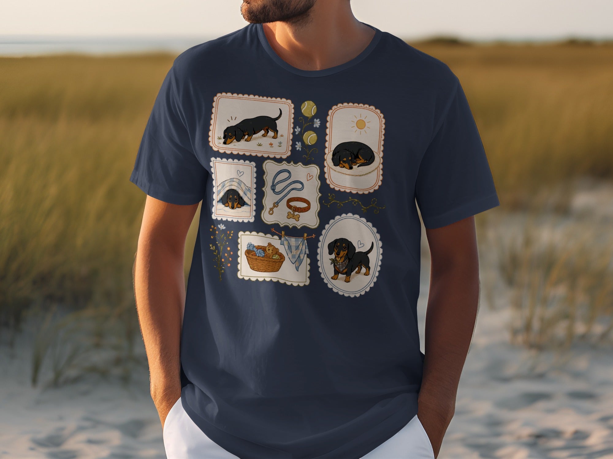 T-shirt with six framed illustrations of dachshunds in various poses.