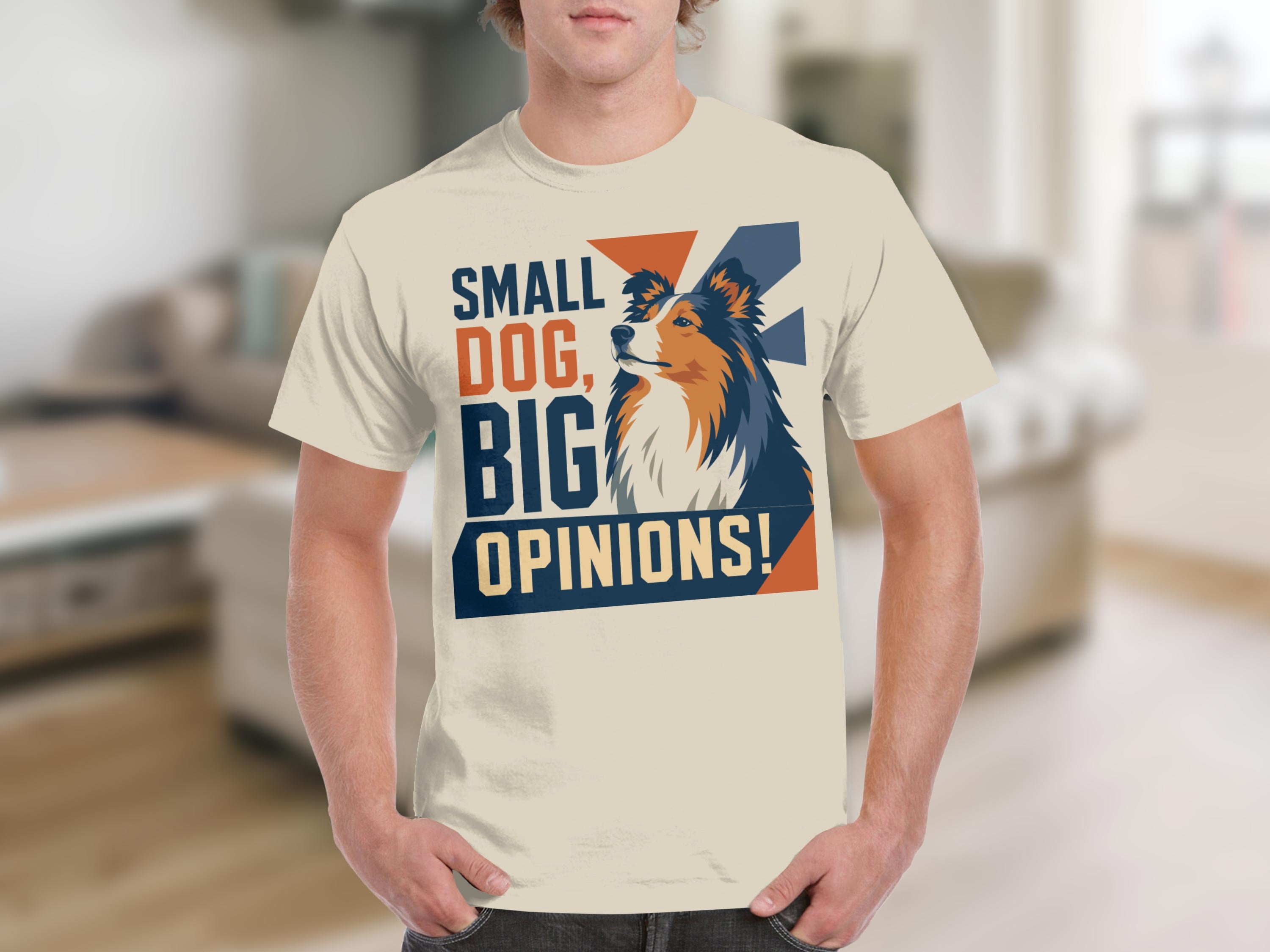 Beige t-shirt with "SMALL DOG, BIG OPINIONS!" text and dog illustration.
