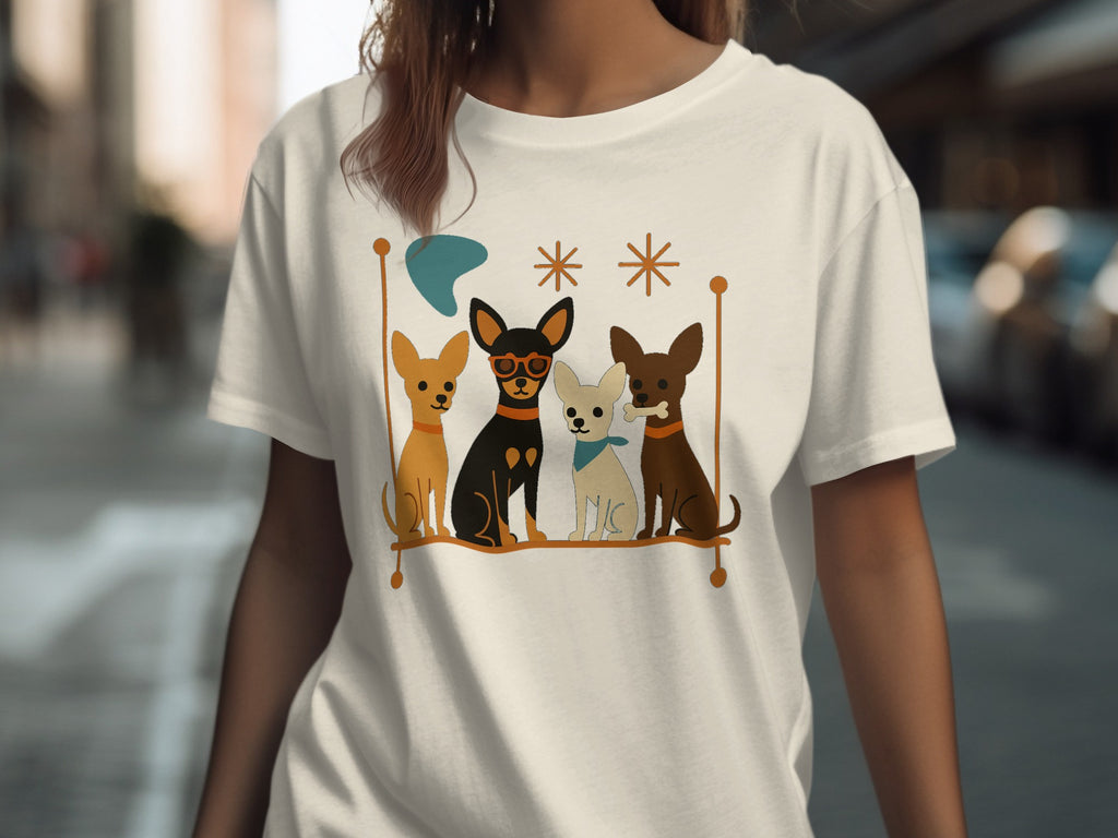 White t-shirt with graphic of four cartoon dogs sitting on a ledge.