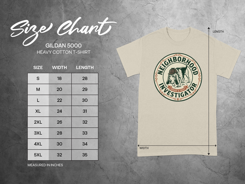Gildan 5000 heavy cotton t-shirt size chart with width and length measurements.