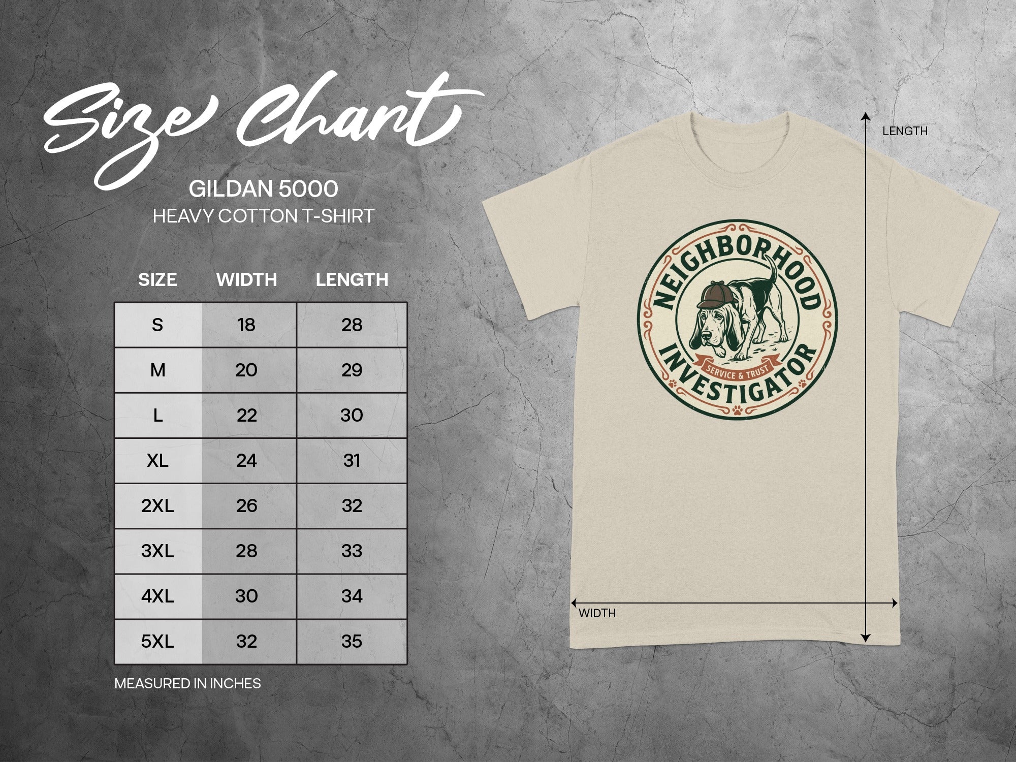 Gildan 5000 heavy cotton t-shirt size chart with width and length measurements.