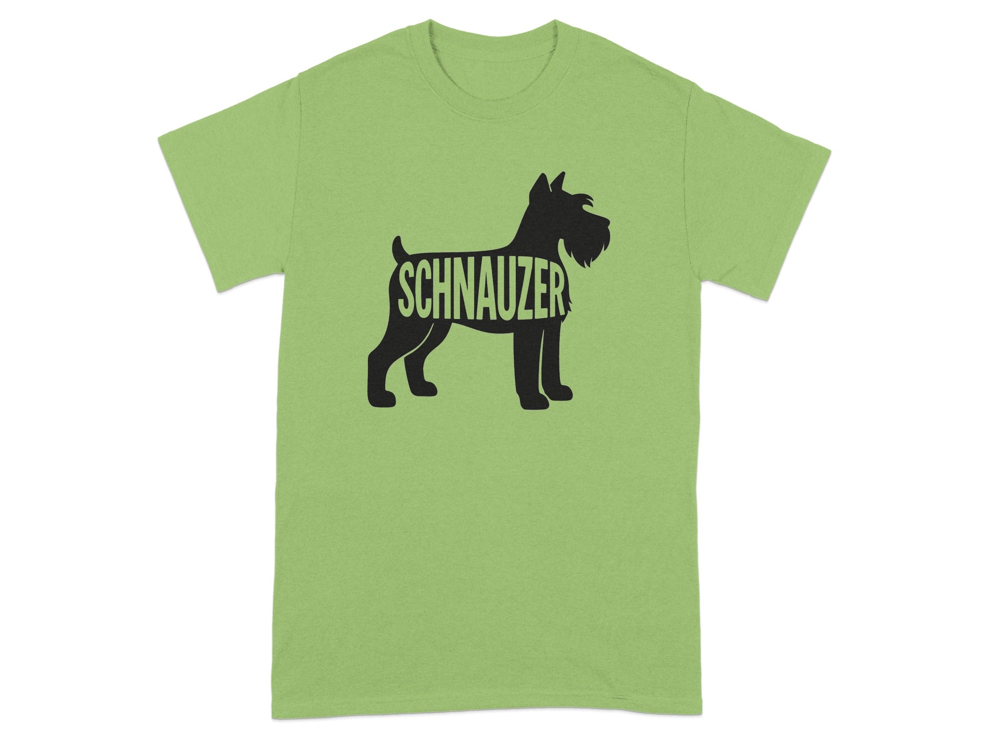 Green t-shirt with a black silhouette of a schnauzer and the word "SCHNAUZER".