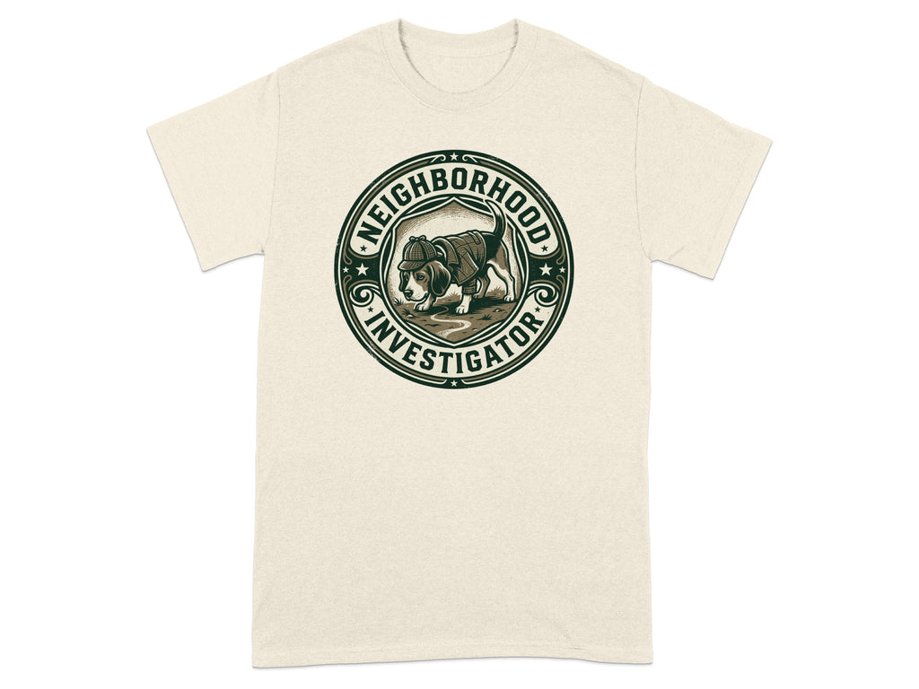 T-shirt graphic: dog wearing a detective hat and trench coat.