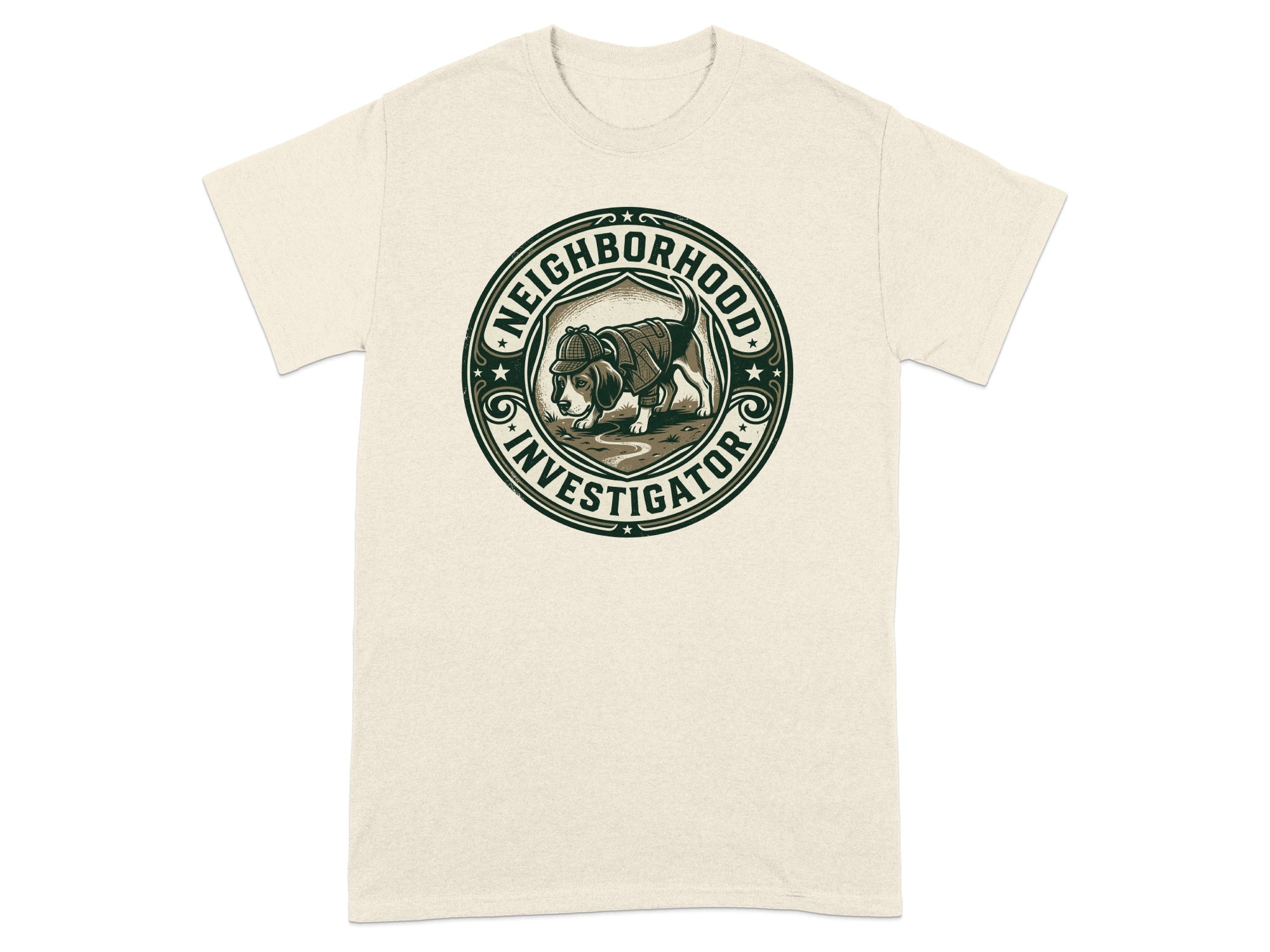 T-shirt graphic: dog wearing a detective hat and trench coat.