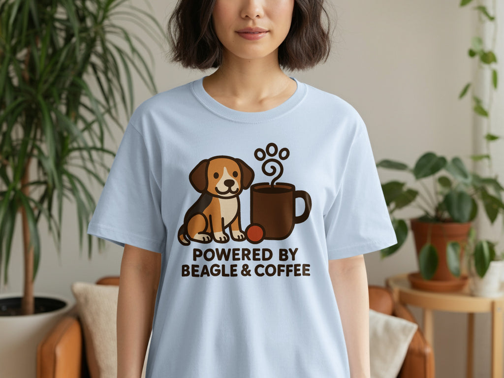 Light blue t-shirt with a beagle and coffee cup graphic that reads "POWERED BY BEAGLE & COFFEE".
