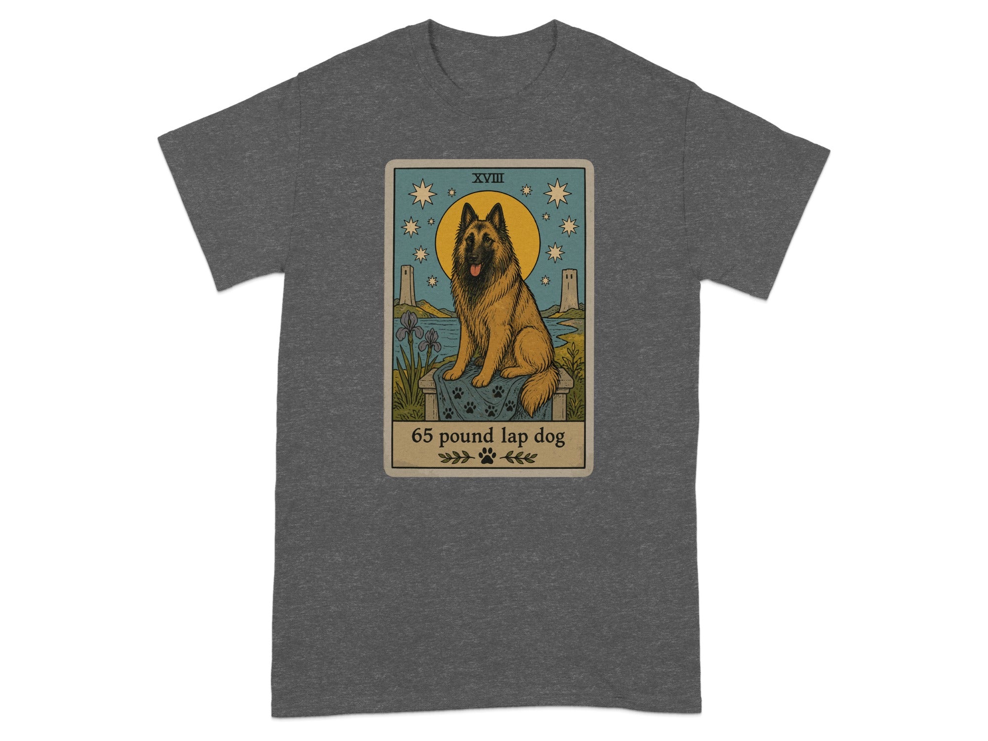 Tarot card design featuring a dog, XVIII, and "65 pound lap dog".