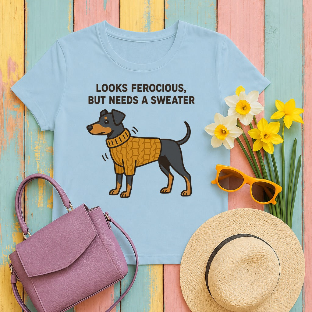 Doberman Looks Ferocious But Needs a Sweater Tee in Light Blue