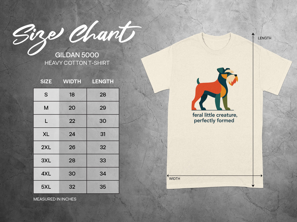 Size chart for Gildan 5000 heavy cotton t-shirt with measurements.
