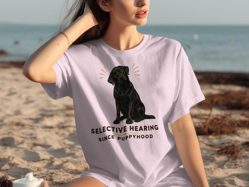 White t-shirt with black Labrador graphic and "SELECTIVE HEARING SINCE PUPPYHOOD" text.