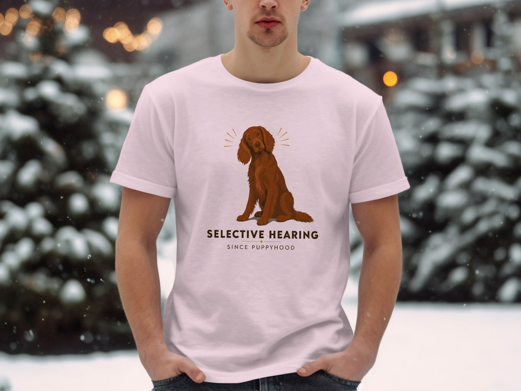 White t-shirt with brown dog graphic and "SELECTIVE HEARING SINCE PUPPYHOOD" text.