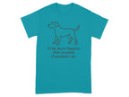 Teal t-shirt with outline of dog and text "I'd Be Much Happier With Another Chocolate Lab".