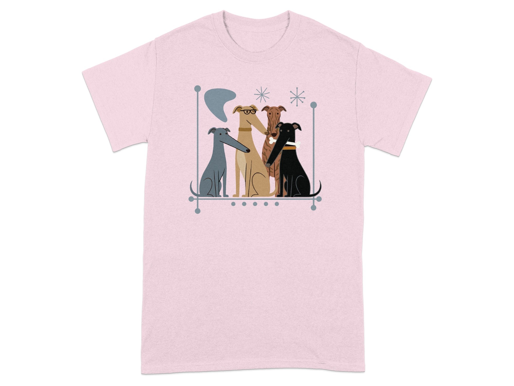 Four greyhounds in various poses, with stylized abstract elements above.